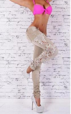 F8907 Sexy Women  s Denim Beige Skinny Jeans Crochet Lace Party Jeans